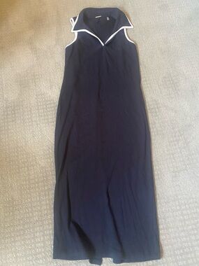 Elie Tahari Dark Navy Maxi Dress with White Trim Collar Size L
